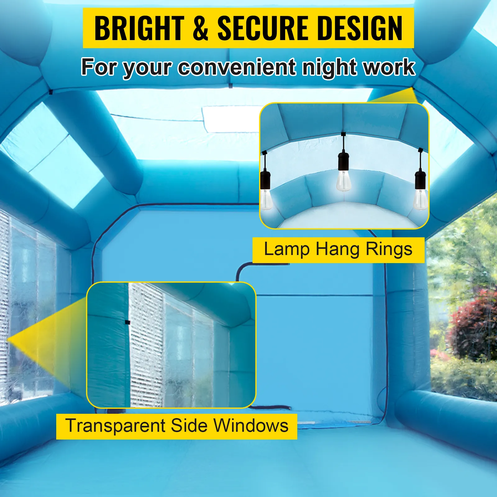 Interior azul brillante de la cabina de pintura inflable VEVOR con ventanas laterales transparentes y anillos para colgar lámparas.