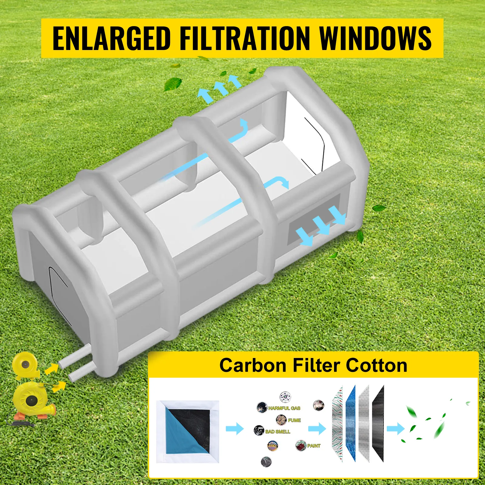 Cabina de pintura inflable VEVOR con ventanas de filtración agrandadas sobre césped.