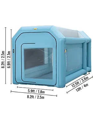 Cabina de pintura inflable VEVOR con dimensiones 13 pies x 8,2 pies x 8,4 pies.