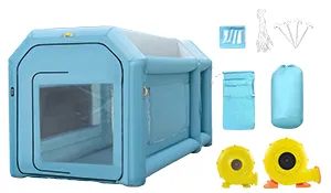 Cabina de pintura inflable azul VEVOR con accesorios que incluyen sopladores y estacas.