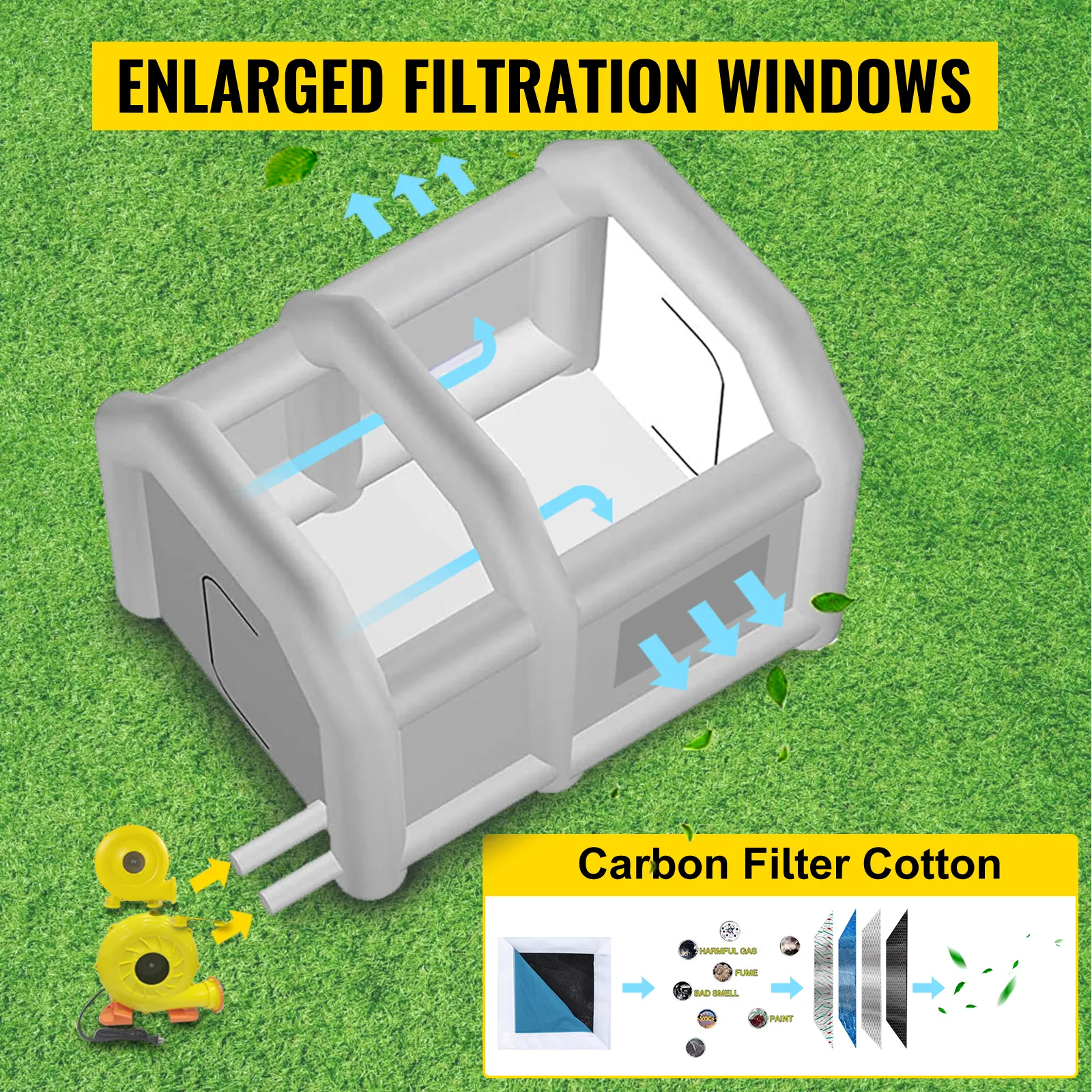 Cabina de pintura inflable VEVOR con ventanas de filtración agrandadas y filtro de carbón de algodón.