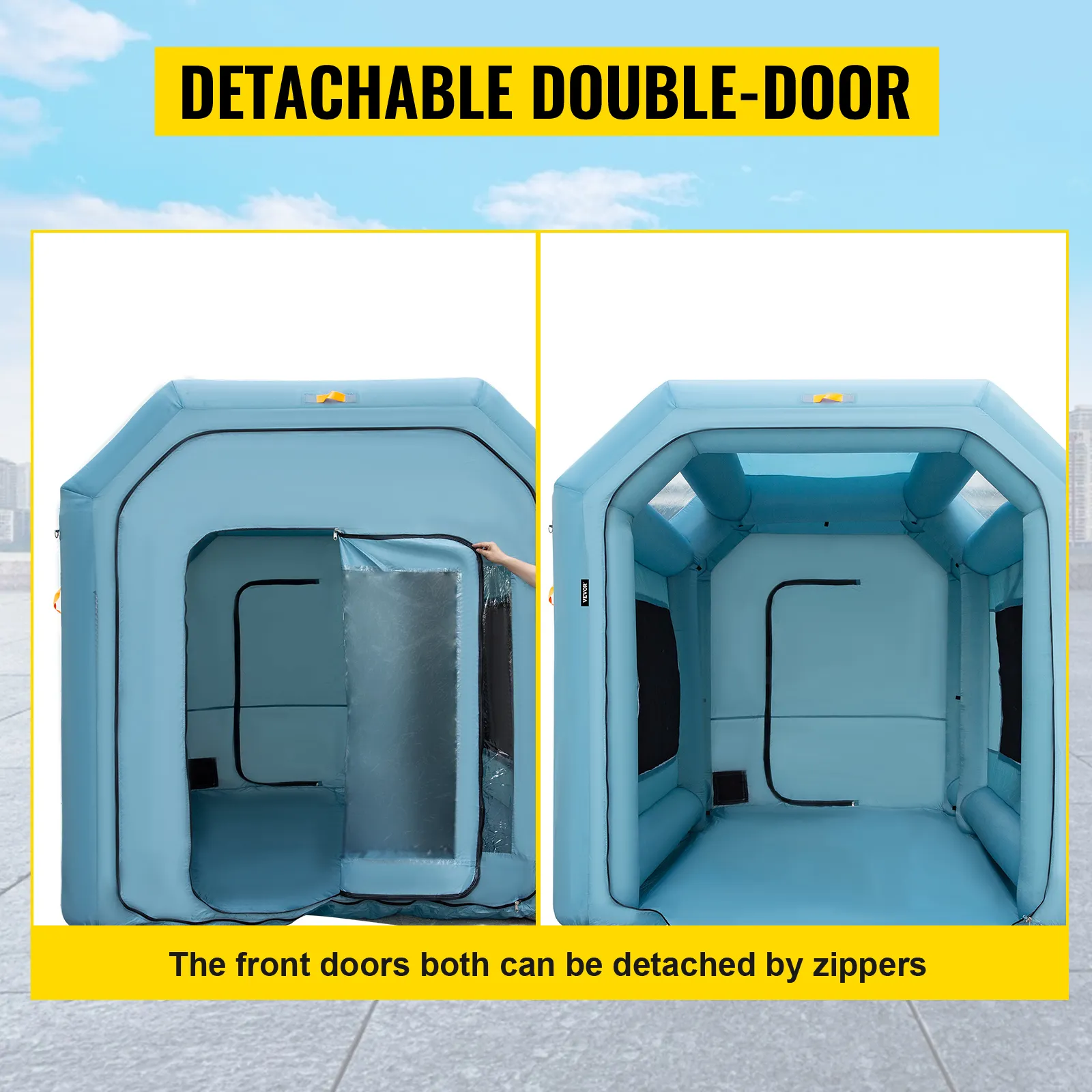Cabina de pintura inflable VEVOR con puertas dobles desmontables y aberturas frontales con cremallera.