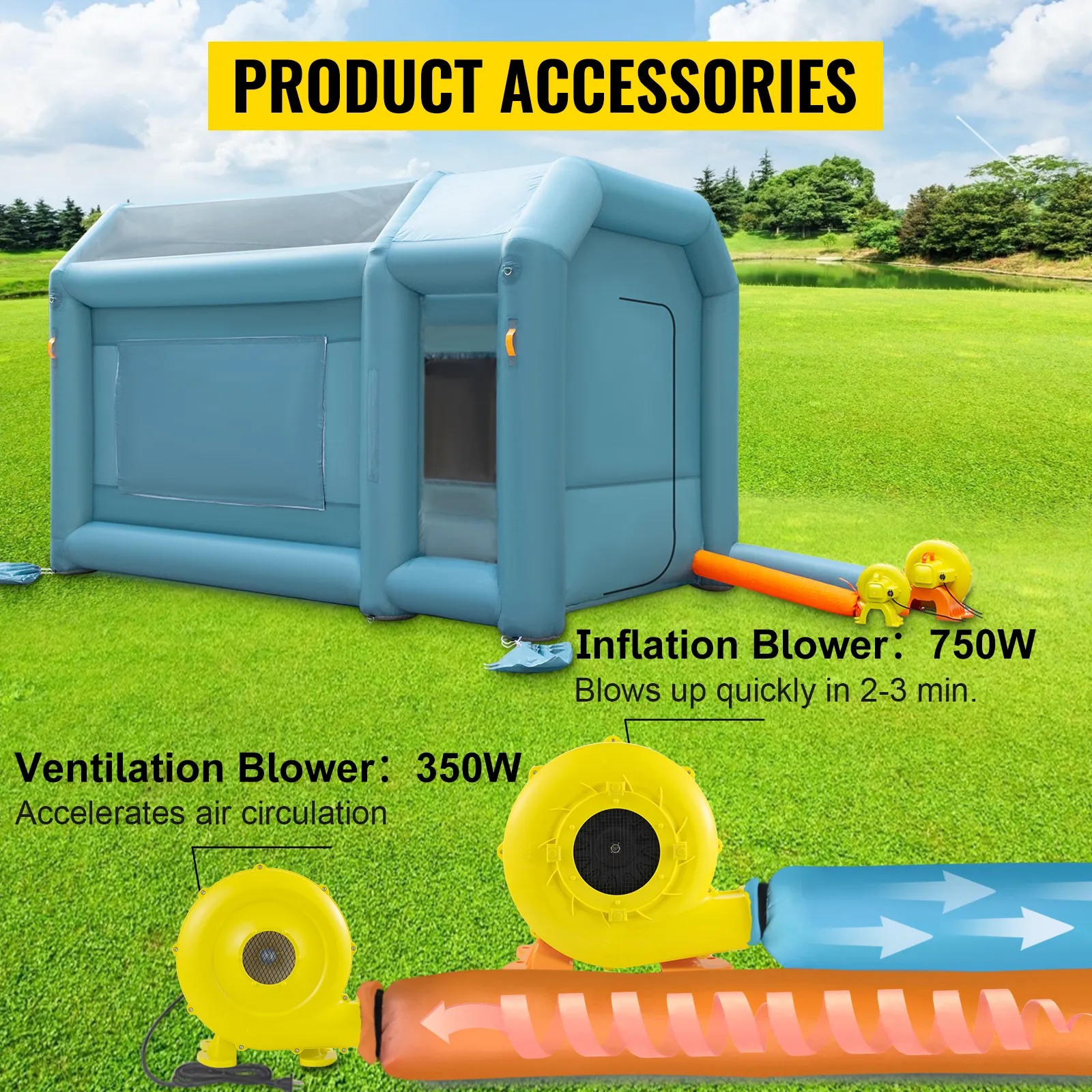 Cabina de pintura inflable VEVOR con soplador de inflado de 750w y soplador de ventilación de 350w sobre césped.