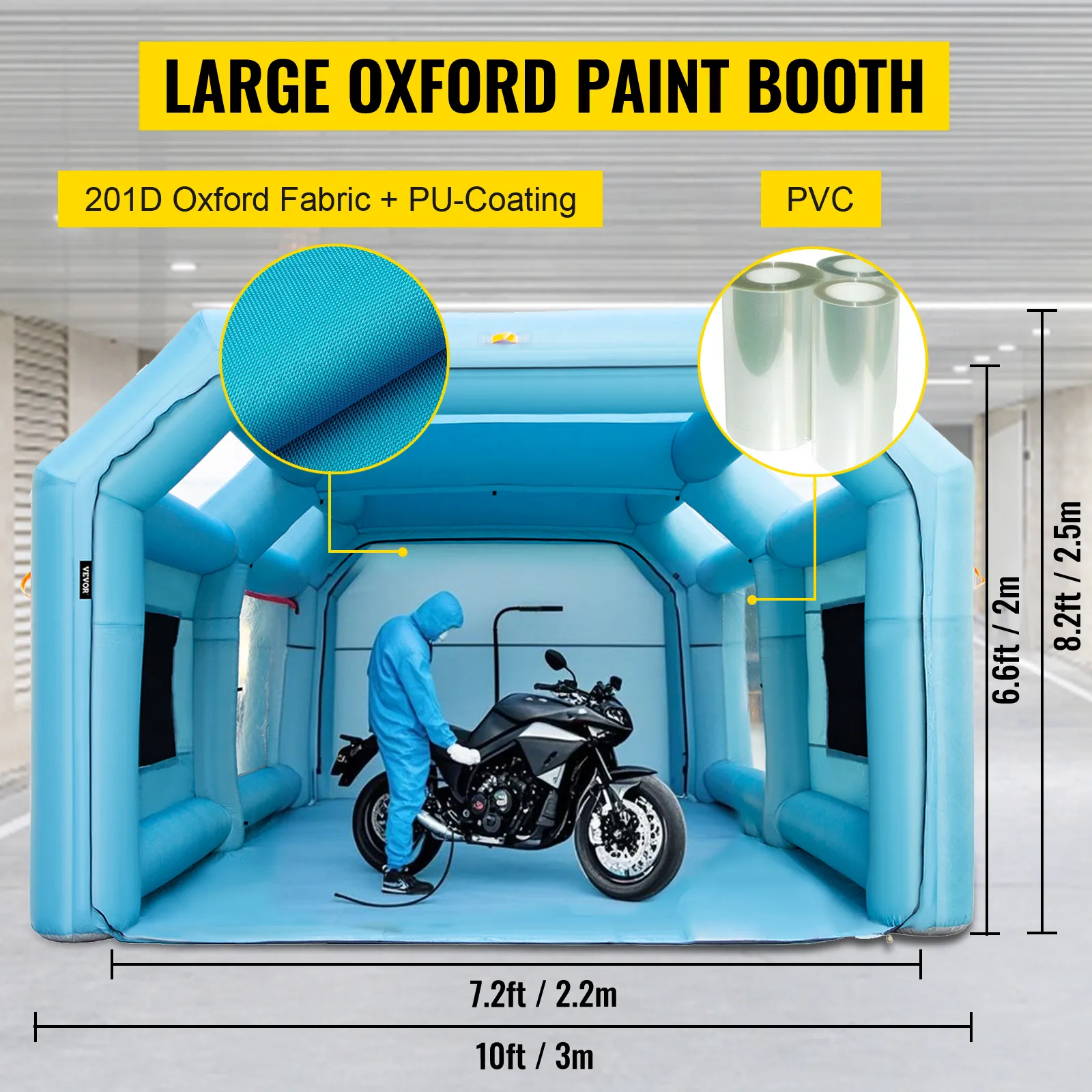 Gran cabina de pintura inflable VEVOR con dimensiones y persona pintando una motocicleta.