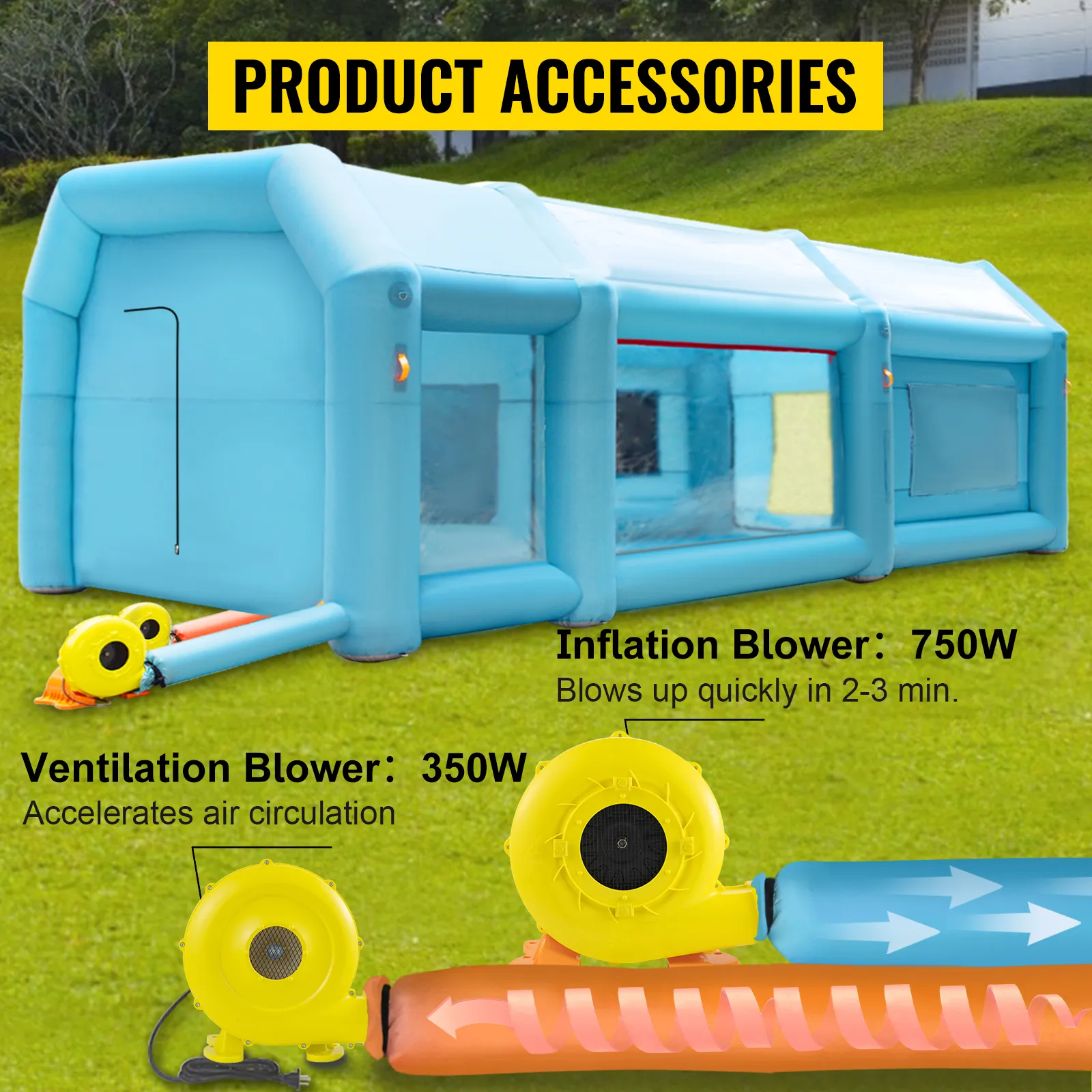 Cabina de pintura inflable VEVOR con sopladores de 750w y 350w en un campo de hierba.