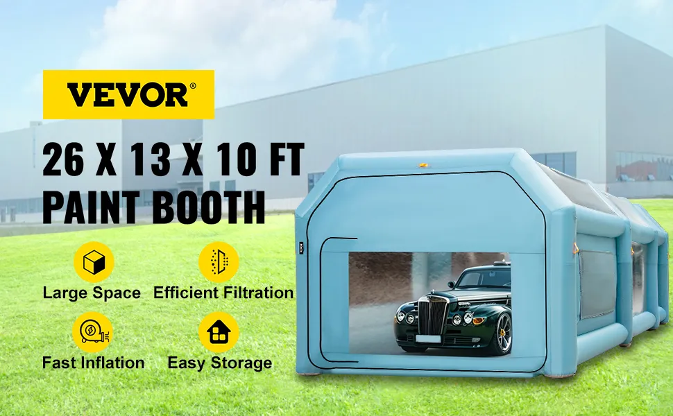 Cabina de pintura inflable portátil VEVOR de 26 x 13 x 10 pies con automóvil en el interior y superposiciones de texto