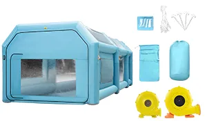 Cabina de pintura inflable portátil VEVOR en color azul con accesorios.
