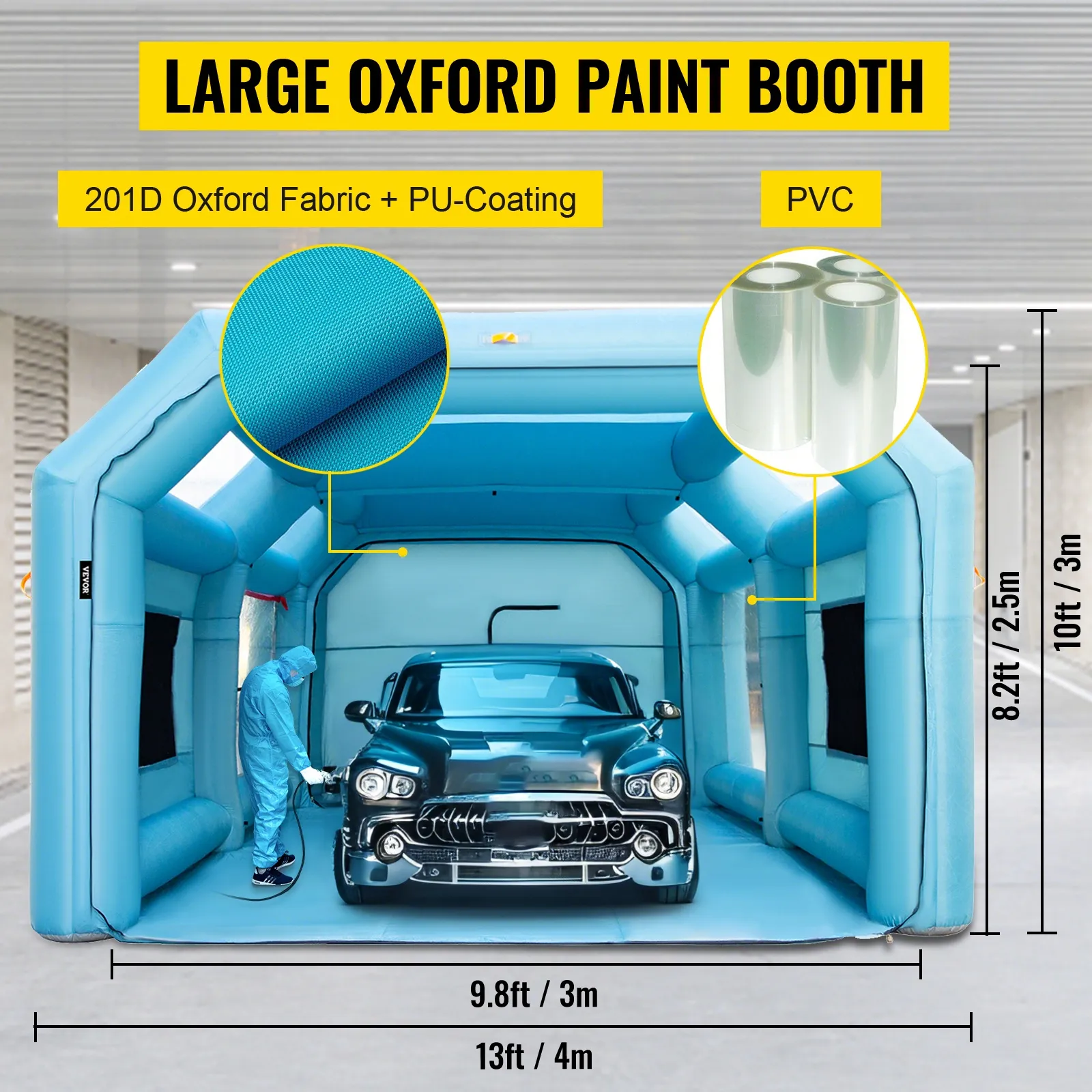 Cabina de pintura inflable portátil VEVOR con automóvil en su interior, tela oxford 201d, ventanas de pvc.
