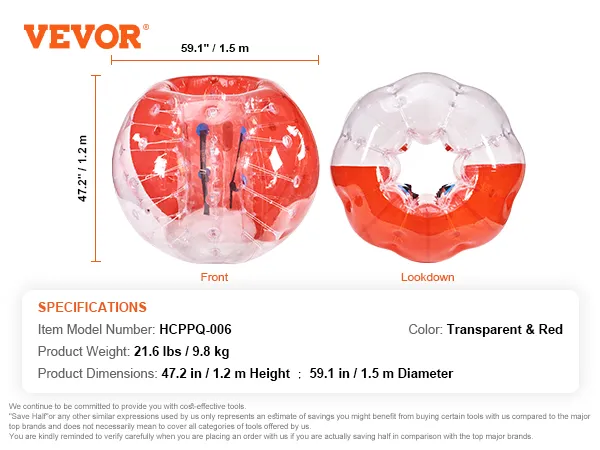 VEVOR inflatable bumper ball in transparent and red, dimensions 47.2" x 59.1", weight 21.6 lbs.
