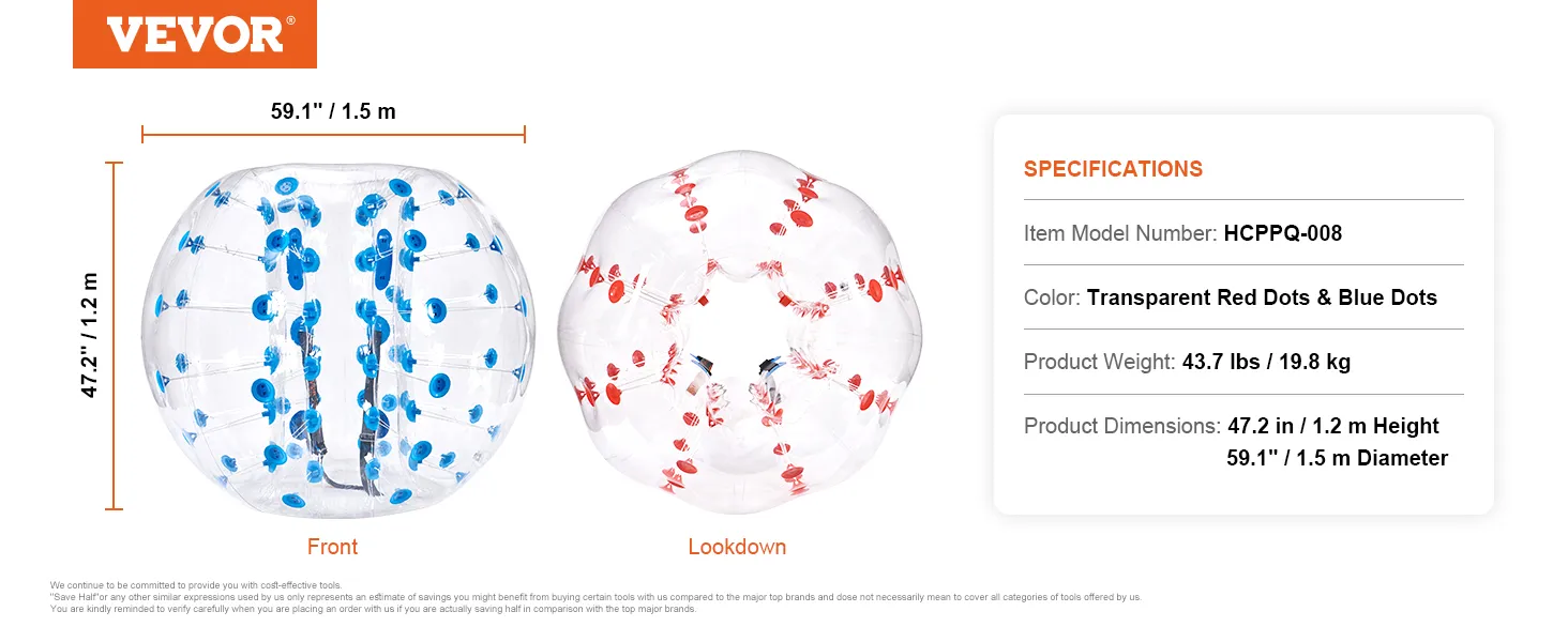 VEVOR inflatable bumper balls with blue and red dot patterns, 59.1” diameter, 47.2” height.