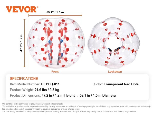 VEVOR opblaasbare bumperbal met transparante rode stippen, 120 cm hoog, 140 cm in diameter.