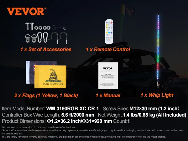 VEVOR led whip light set with accessories, remote control, flags, manual, and whip light for vehicles.