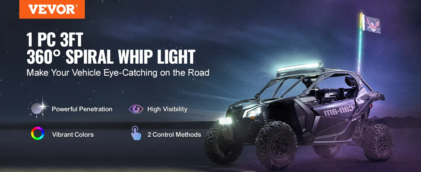 VEVOR led whip light on an off-road vehicle, showcasing vibrant colors and high visibility at night.