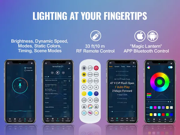 VEVOR led whip light control via app and remote, showing brightness, speed, modes, colors, and scenes.