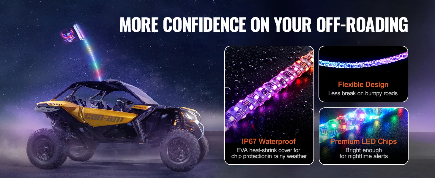 off-road vehicle with VEVOR led whip light in the night and feature details: water-proof, flexible, and bright.