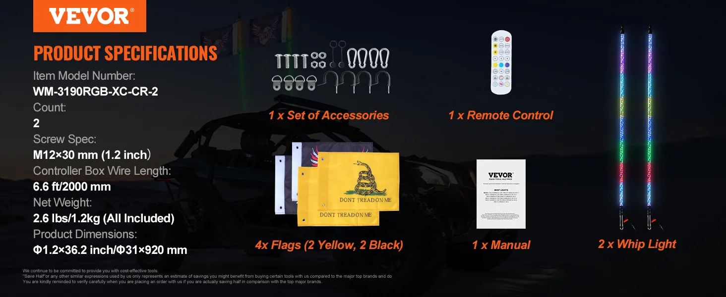 VEVOR LED-Peitschenlichtprodukt mit Zubehör, Fernbedienung, Handbuch und Flaggen im Hintergrund.