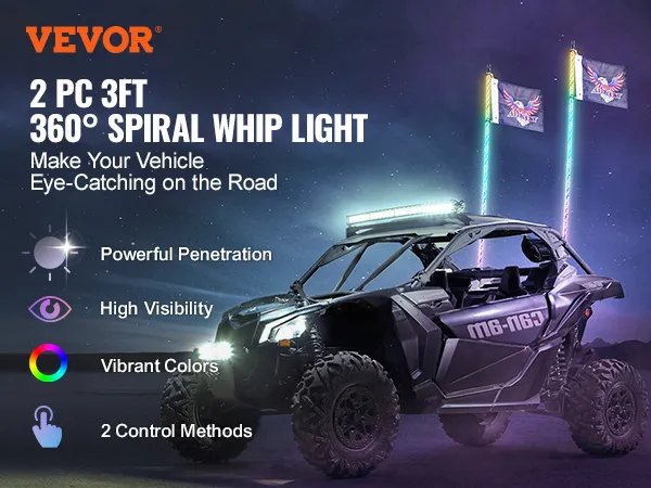 VEVOR-LED-Peitschenlicht an einem Geländewagen mit 360°-Spiralbeleuchtung, lebendigen Farben und hoher Sichtbarkeit.