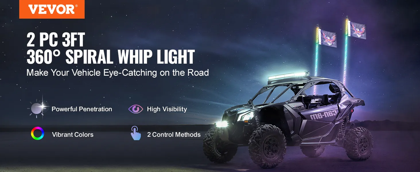 VEVOR-LED-Peitschenlicht an einem Geländewagen mit 360°-Spiralbeleuchtung, lebendigen Farben und hoher Sichtbarkeit.