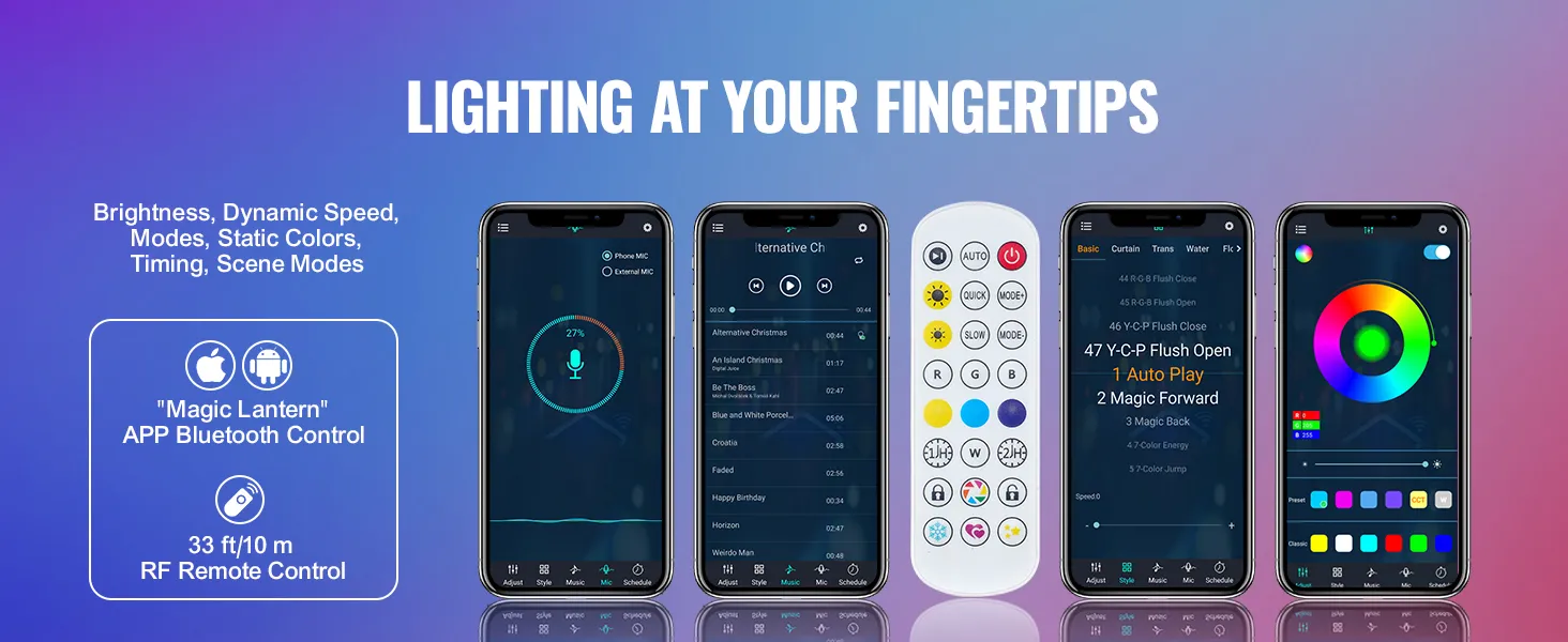 Lichtsteuerungs-App und Fernbedienung für das VEVOR-LED-Peitschenlicht mit dynamischen Einstellungen und Bluetooth-Konnektivität.