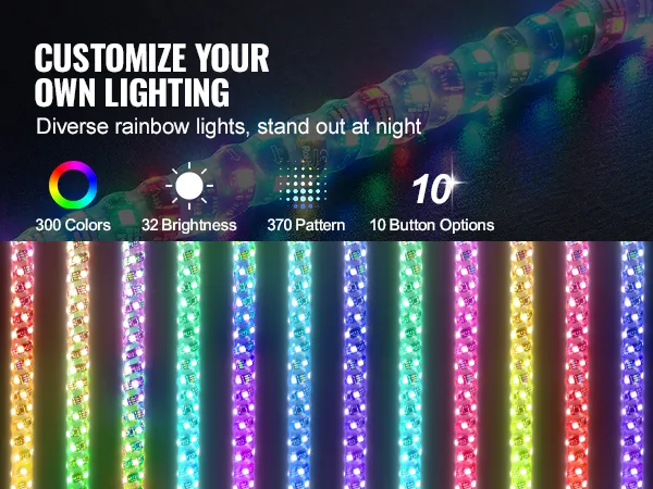 VEVOR LED-Peitschenlicht mit anpassbarer Regenbogenbeleuchtung mit 300 Farben und 370 Mustern.