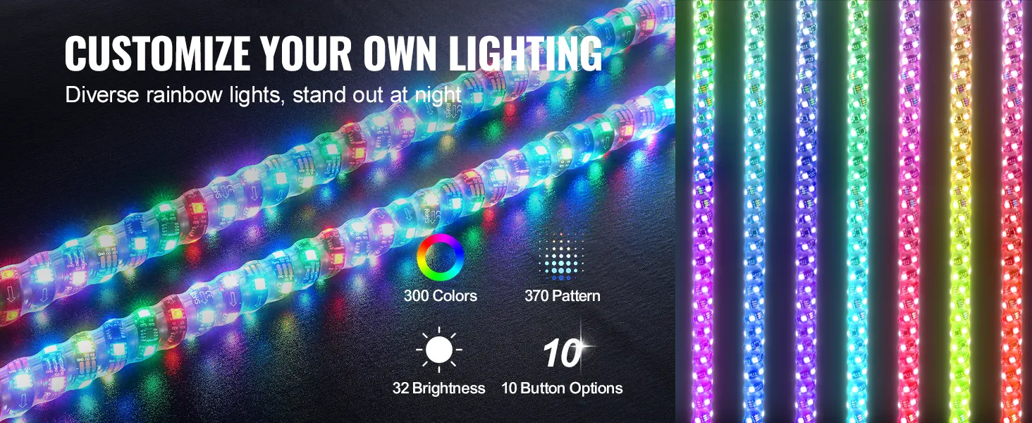 VEVOR LED-Peitschenlicht mit anpassbarer Regenbogenbeleuchtung mit 300 Farben und 370 Mustern.