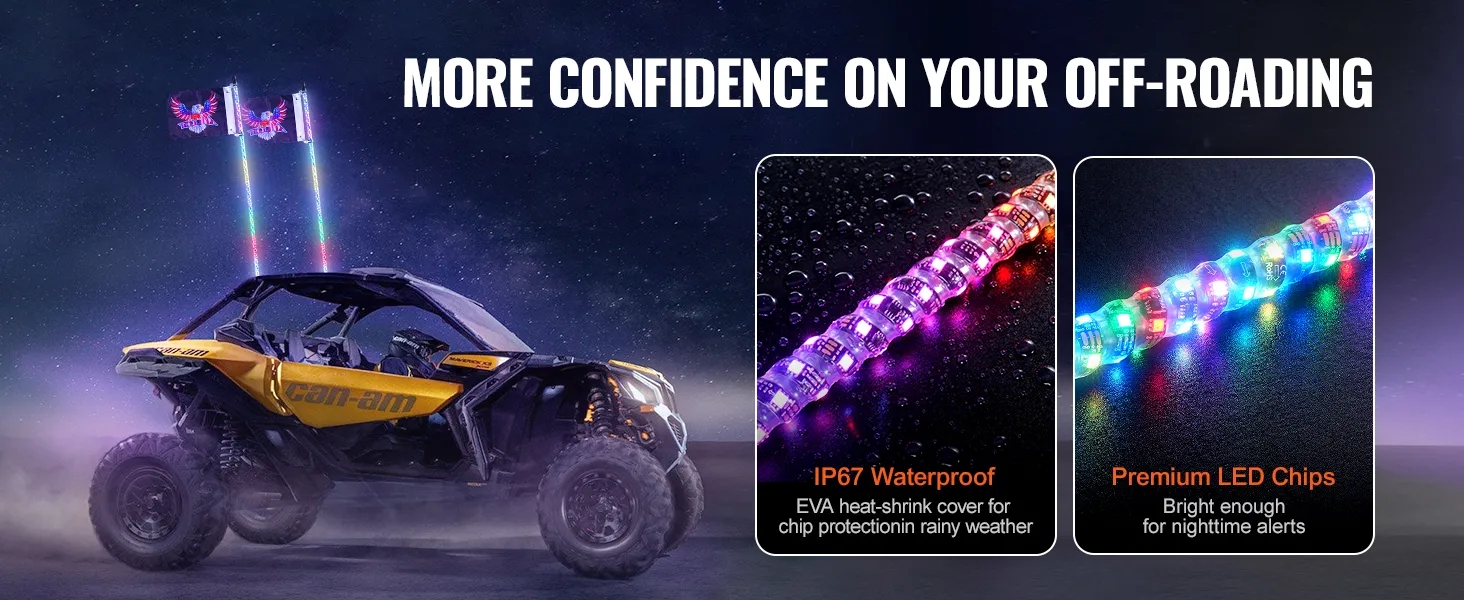Gelbes Can-Am-ATV mit VEVOR-LED-Peitschenlicht, wasserdicht nach IP67 und mit Premium-LED-Chips.