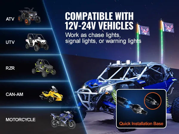 Geländefahrzeuge und UTVs mit VEVOR-LED-Peitschenlicht bei Nachtfahrten. Kompatibel mit 12 V-24 V-Fahrzeugen.