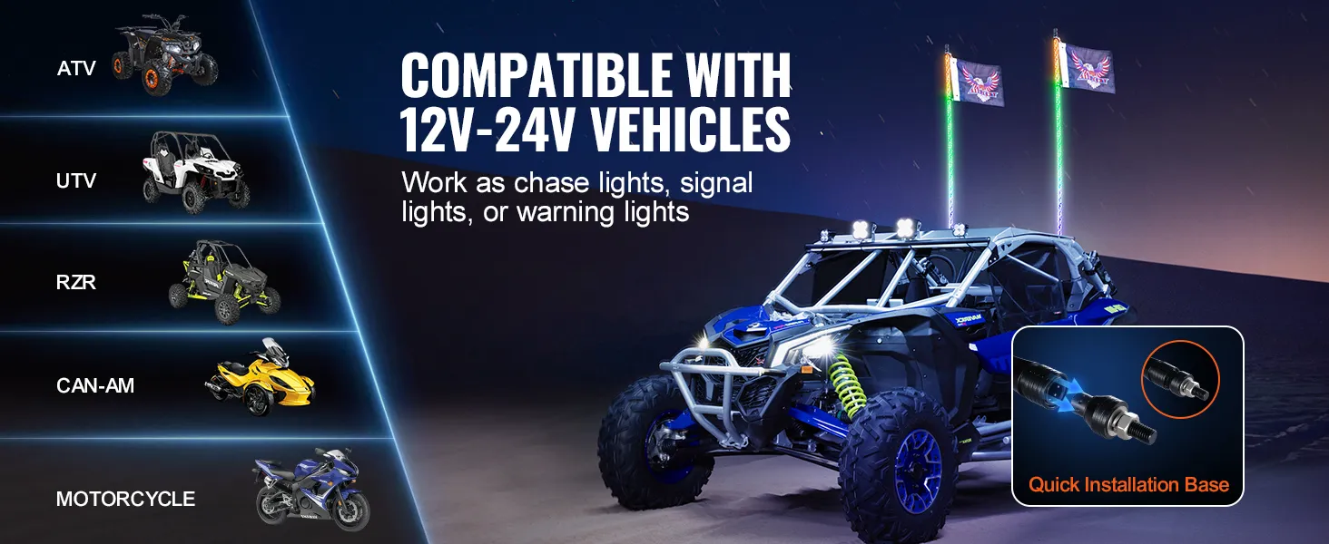 Geländefahrzeuge und UTVs mit VEVOR-LED-Peitschenlicht bei Nachtfahrten. Kompatibel mit 12 V-24 V-Fahrzeugen.