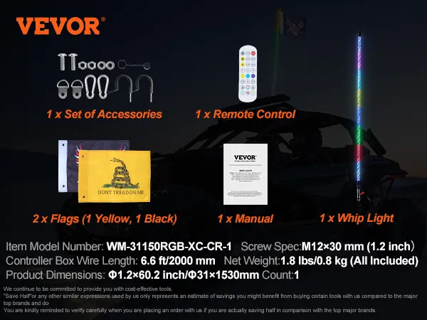 Especificaciones de la luz LED tipo látigo VEVOR: accesorios, control remoto, manual, 2 banderas, peso de 1.8 libras, 60.2 pulgadas de largo.