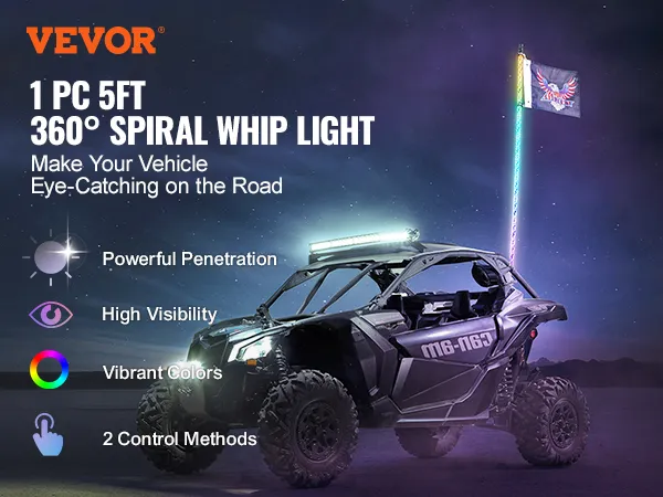Luz LED tipo látigo VEVOR para vehículos todoterreno, colores vibrantes, alta visibilidad y 2 métodos de control.