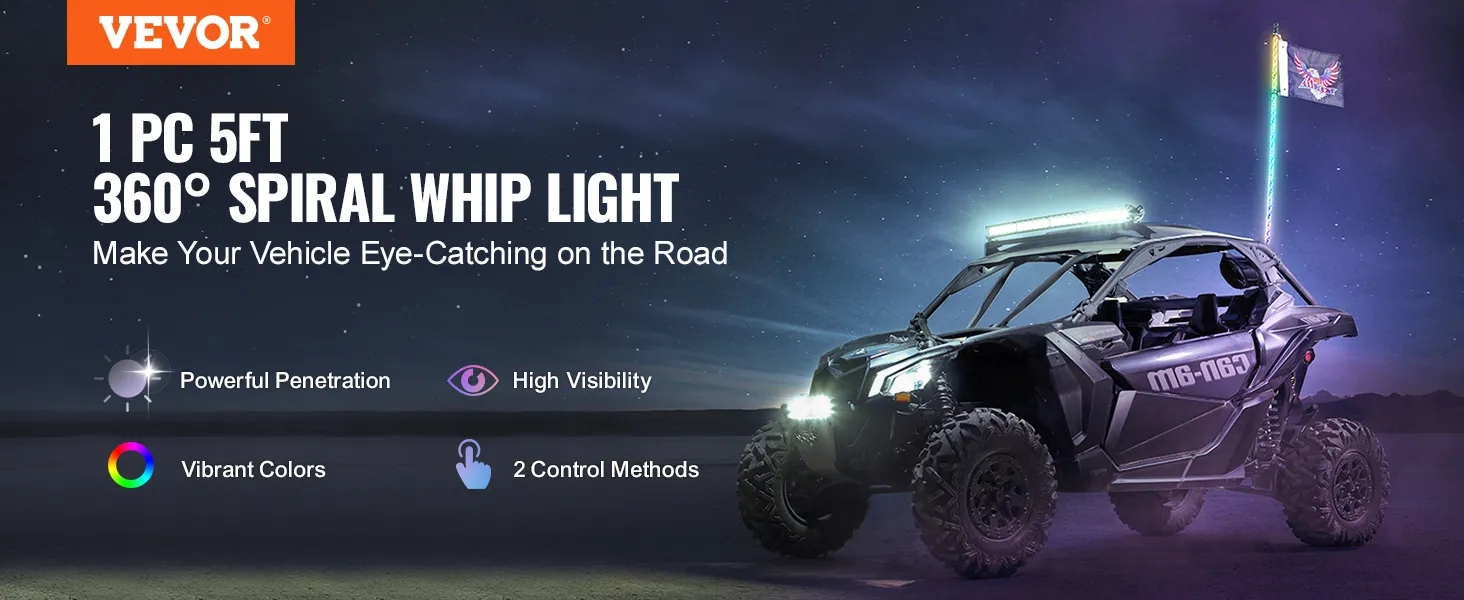 Luz LED tipo látigo VEVOR para vehículos todoterreno, colores vibrantes, alta visibilidad y 2 métodos de control.