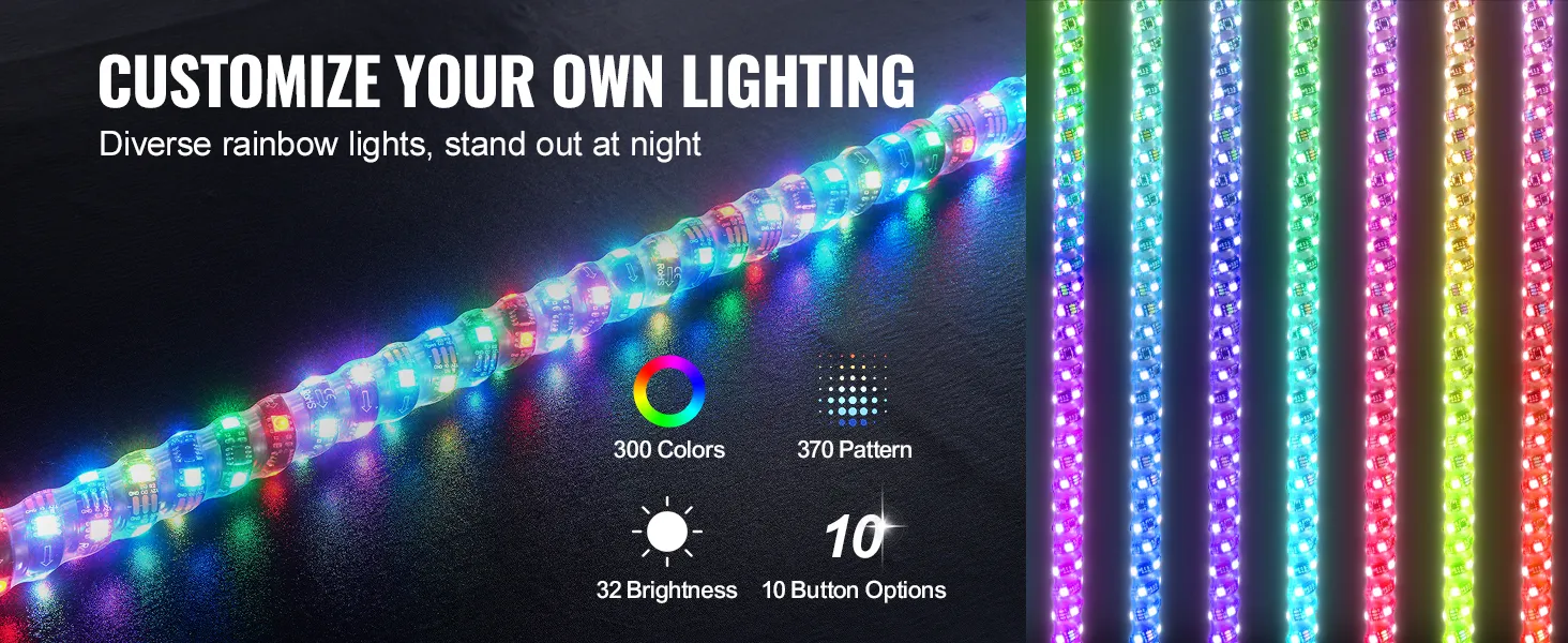 Luz LED VEVOR personalizable con 300 colores, 370 patrones y 32 niveles de brillo.