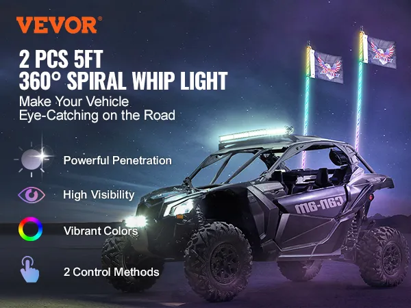 VEVOR led whip light on off-road vehicle; vibrant colors; high visibility; 2 control methods.