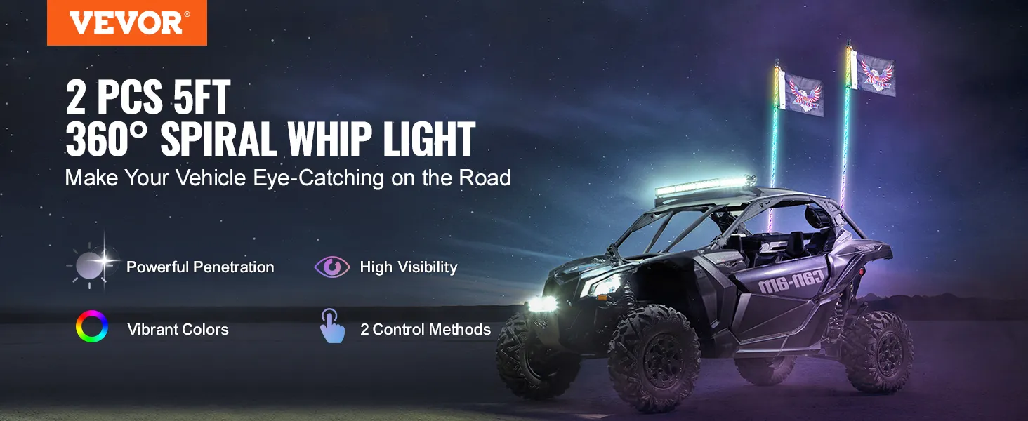 VEVOR led whip light on off-road vehicle; vibrant colors; high visibility; 2 control methods.