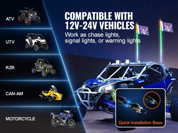 VEVOR led whip light for atv, utv, rzr, can-am, and motorcycle, compatible with 12v-24v vehicles.