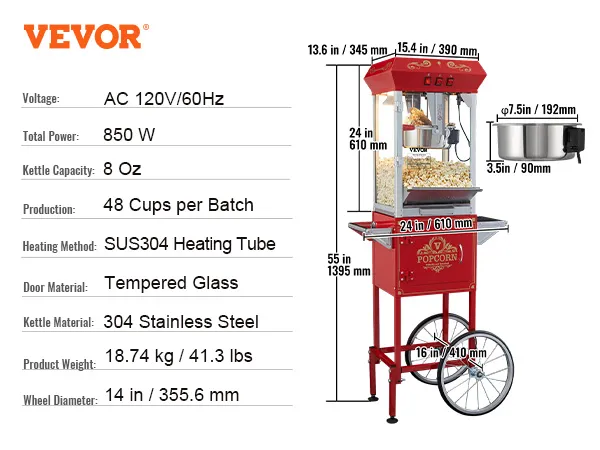 VEVOR popcorn popper machine specs: tempered glass, stainless steel, 48 cups/batch, 850w, 14-inch wheels.