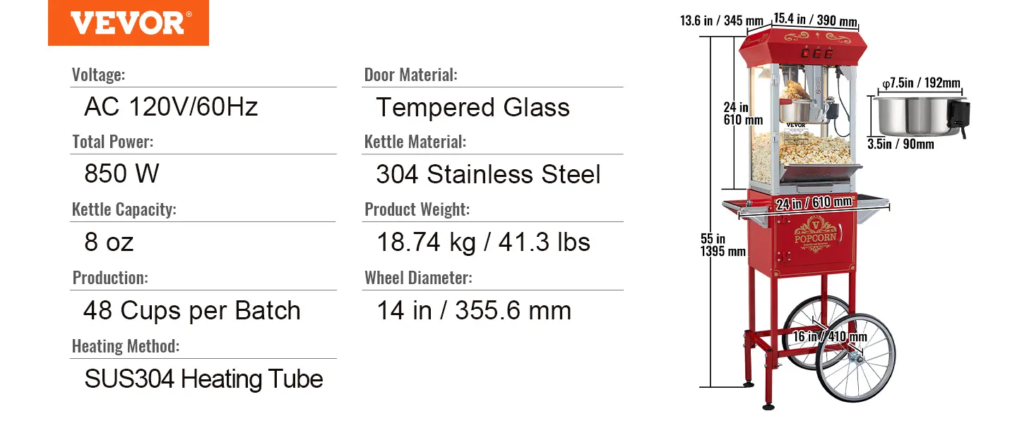 VEVOR popcorn popper machine specs: tempered glass, stainless steel, 48 cups/batch, 850w, 14-inch wheels.