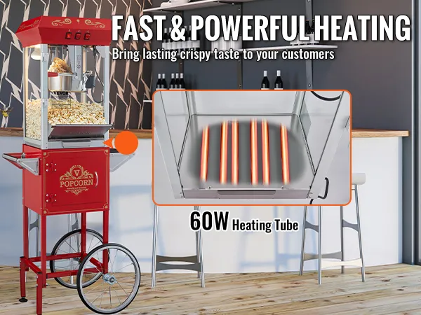 Máquina para hacer palomitas de maíz VEVOR con tubo de calentamiento de 60 W, que proporciona un calentamiento rápido y potente en un entorno moderno.