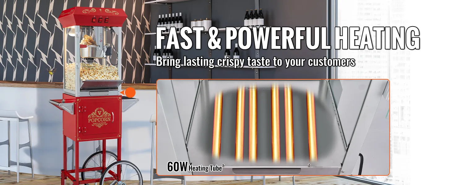 Máquina para hacer palomitas de maíz VEVOR con tubo de calentamiento de 60 W, que proporciona un calentamiento rápido y potente en un entorno moderno.