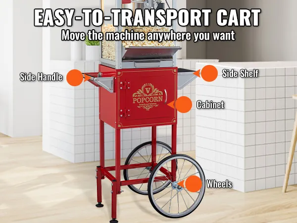 Máquina para hacer palomitas de maíz VEVOR de color rojo sobre un carrito con asas laterales, un gabinete y ruedas en una cocina moderna.
