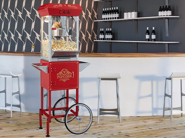 Máquina para hacer palomitas de maíz VEVOR en un moderno bar con suelo de madera y una decoración elegante.