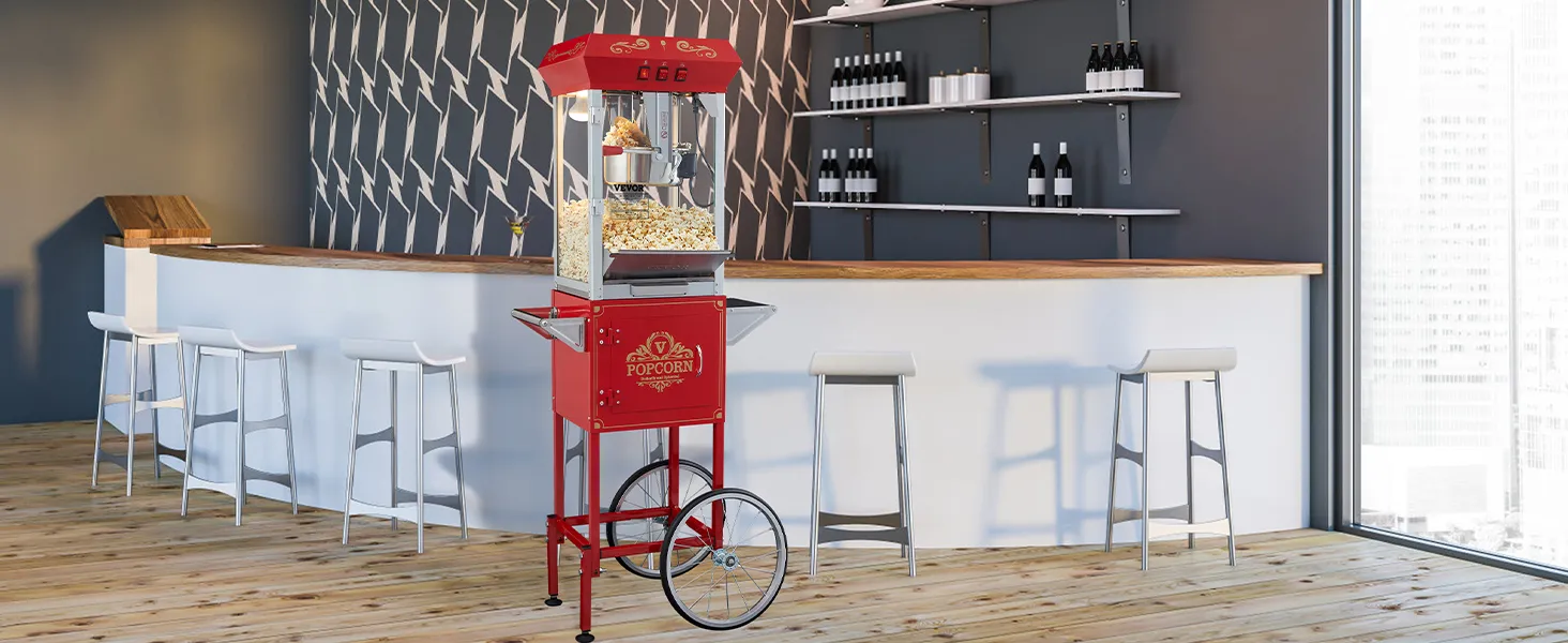 Máquina para hacer palomitas de maíz VEVOR en un moderno bar con suelo de madera y una decoración elegante.