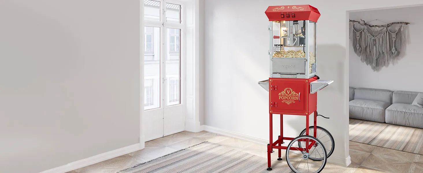Máquina para hacer palomitas de maíz VEVOR roja con ruedas en una sala de estar moderna cerca de una ventana grande.