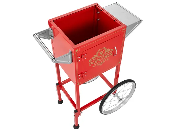 Máquina para hacer palomitas de maíz VEVOR de color rojo con ruedas grandes y diseño vintage.
