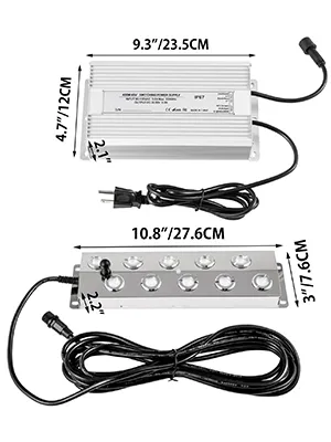 VEVOR mist maker with dimensions, power adapter and misting unit, black cables attached.
