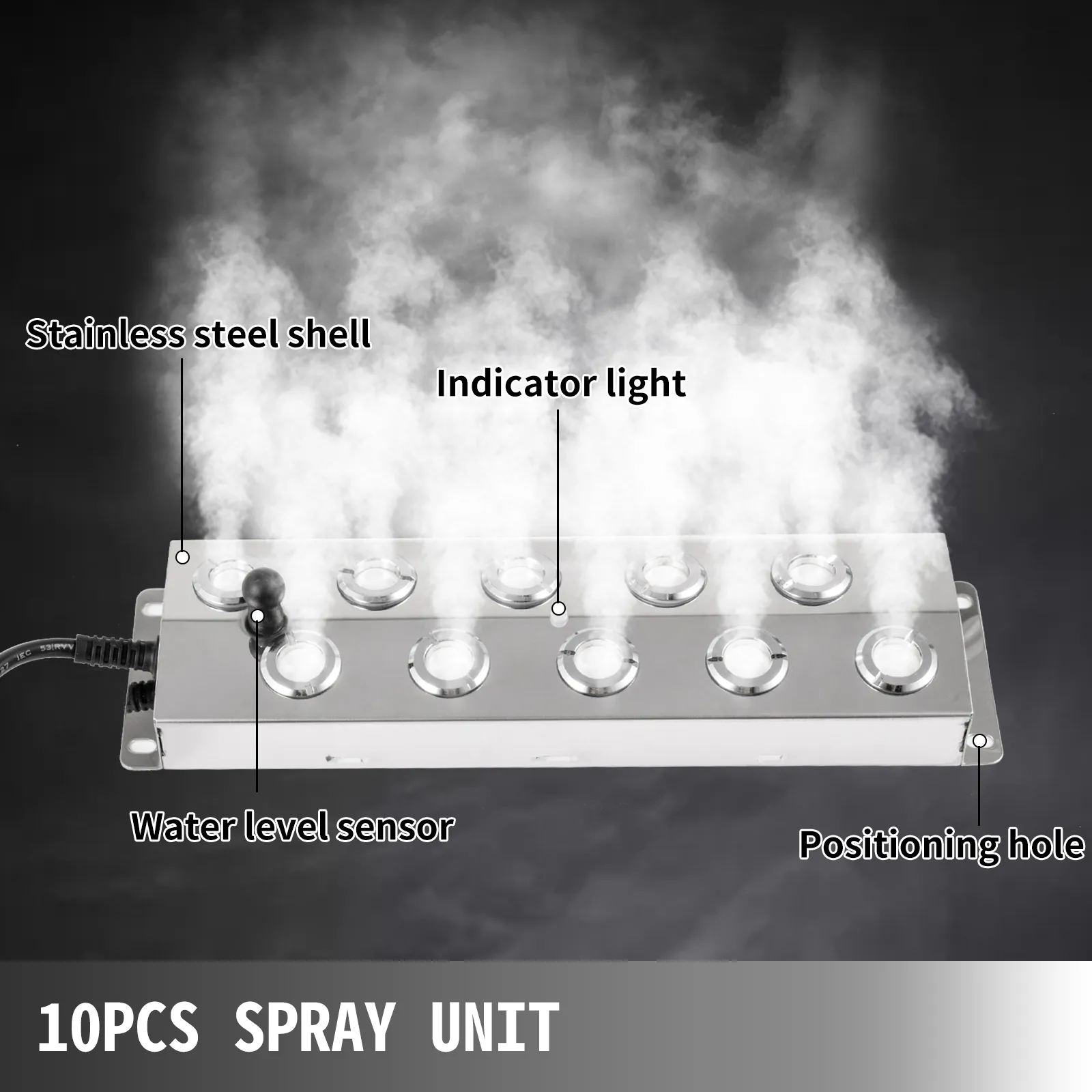 VEVOR mist maker with stainless steel shell, indicator light, water level sensor.