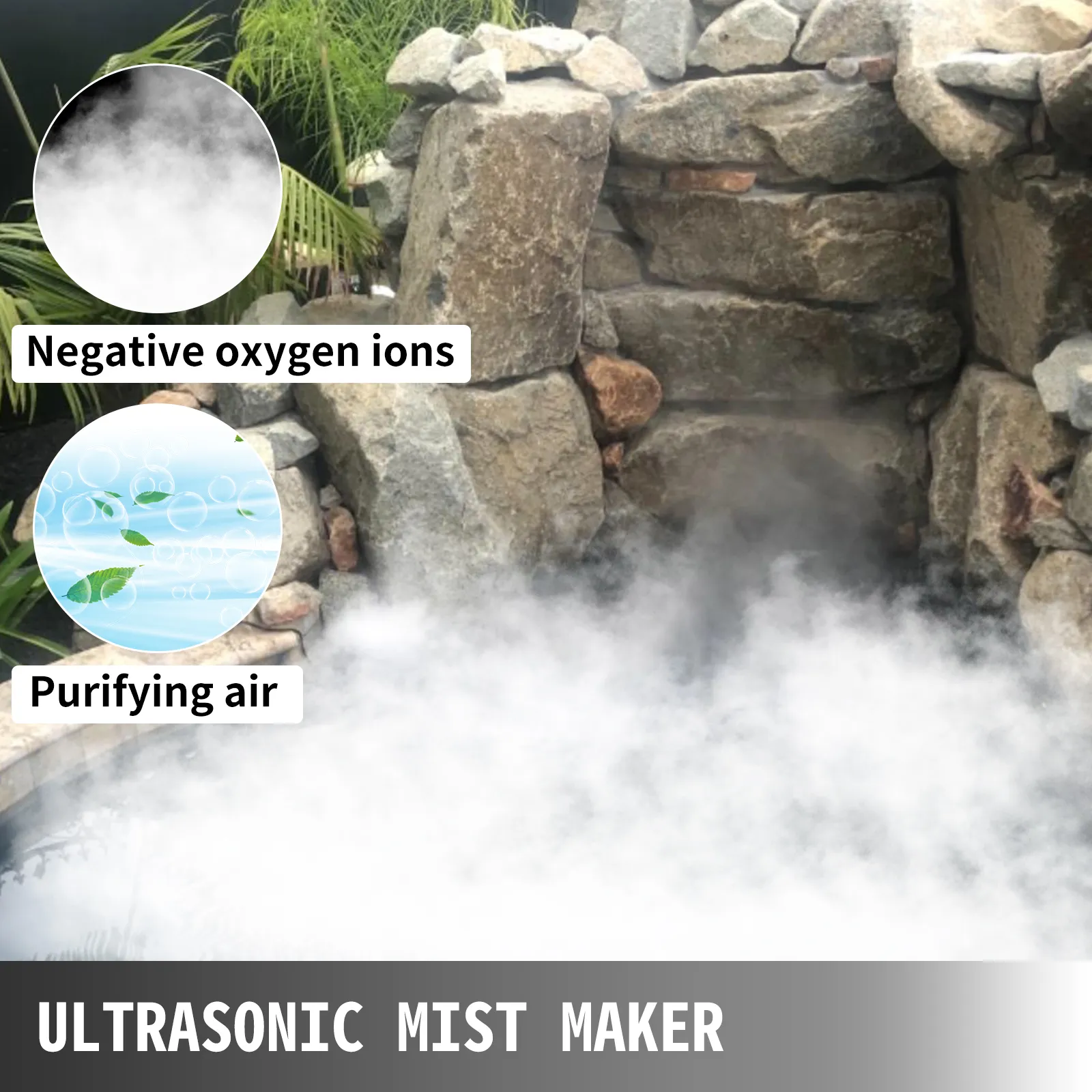 outdoor rock waterfall with VEVOR mist maker, releasing dense mist and purifying air.