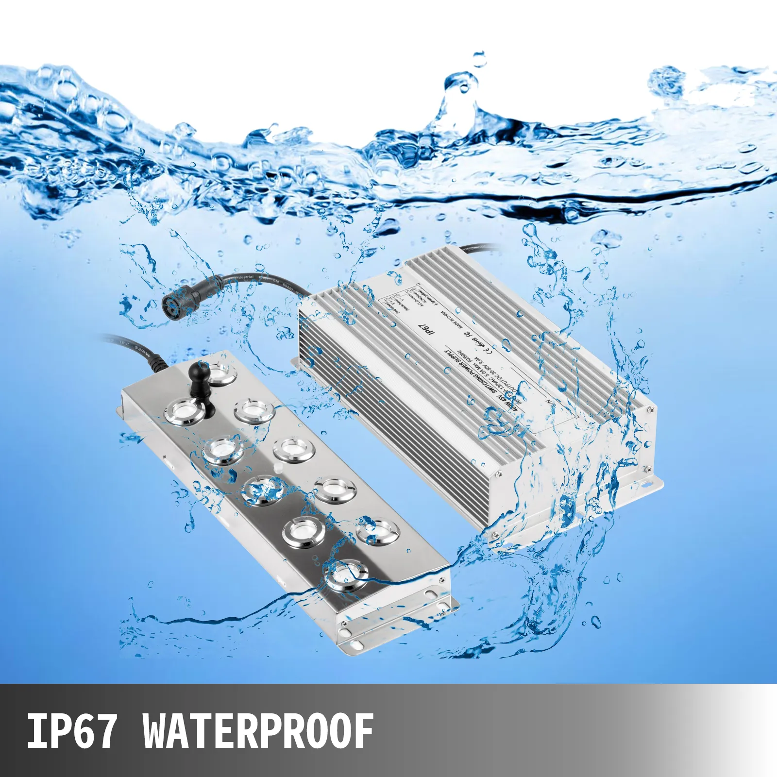 VEVOR mist maker, waterproof ip67, submerged in splashing water.