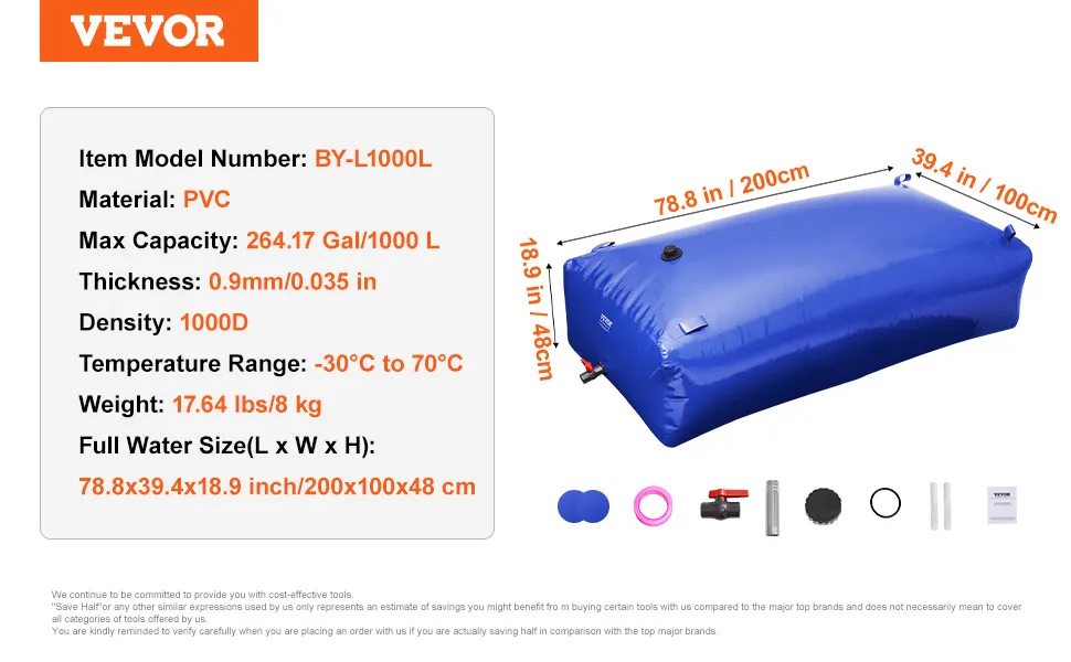 VEVOR water storage bladder with 264.17 gal capacity, pvc material, 78.8x39.4x18.9 inches size, 8kg weight.