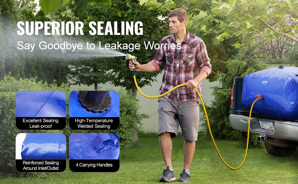 man using VEVOR water storage bladder with high-temperature welded sealing, reinforced inlets, and handles.